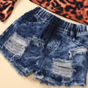 Girls Flared Sleeve Leopard Tops & Ripped Shorts Girls Clothing Wholesale - PrettyKid