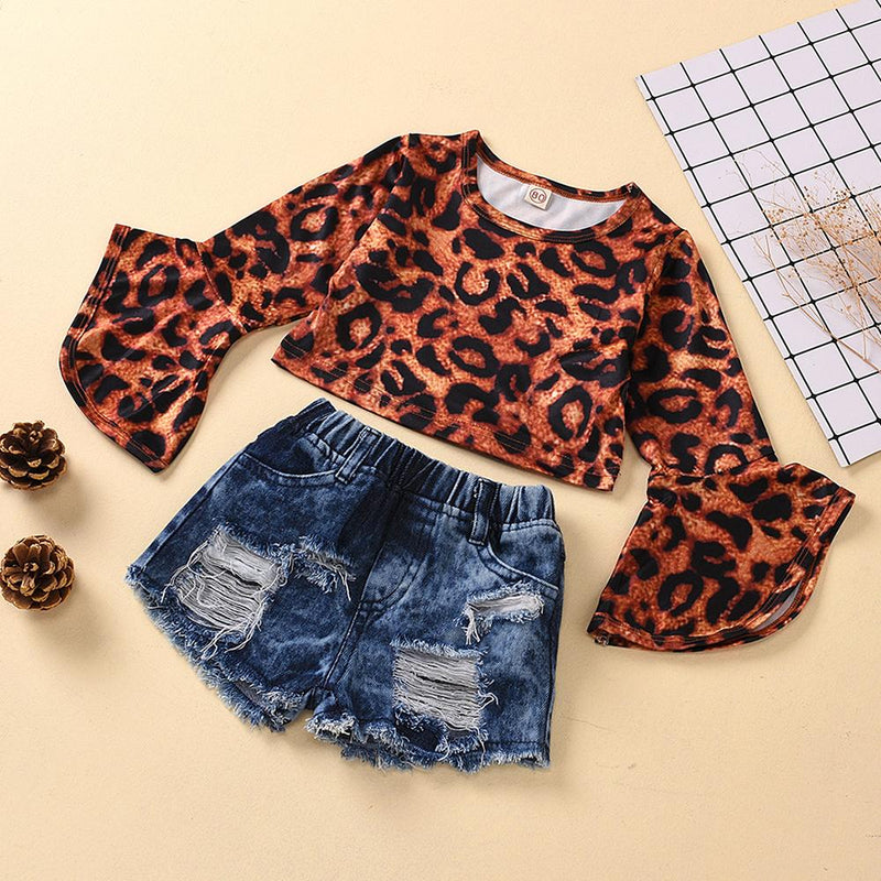 Girls Flared Sleeve Leopard Tops & Ripped Shorts Girls Clothing Wholesale - PrettyKid