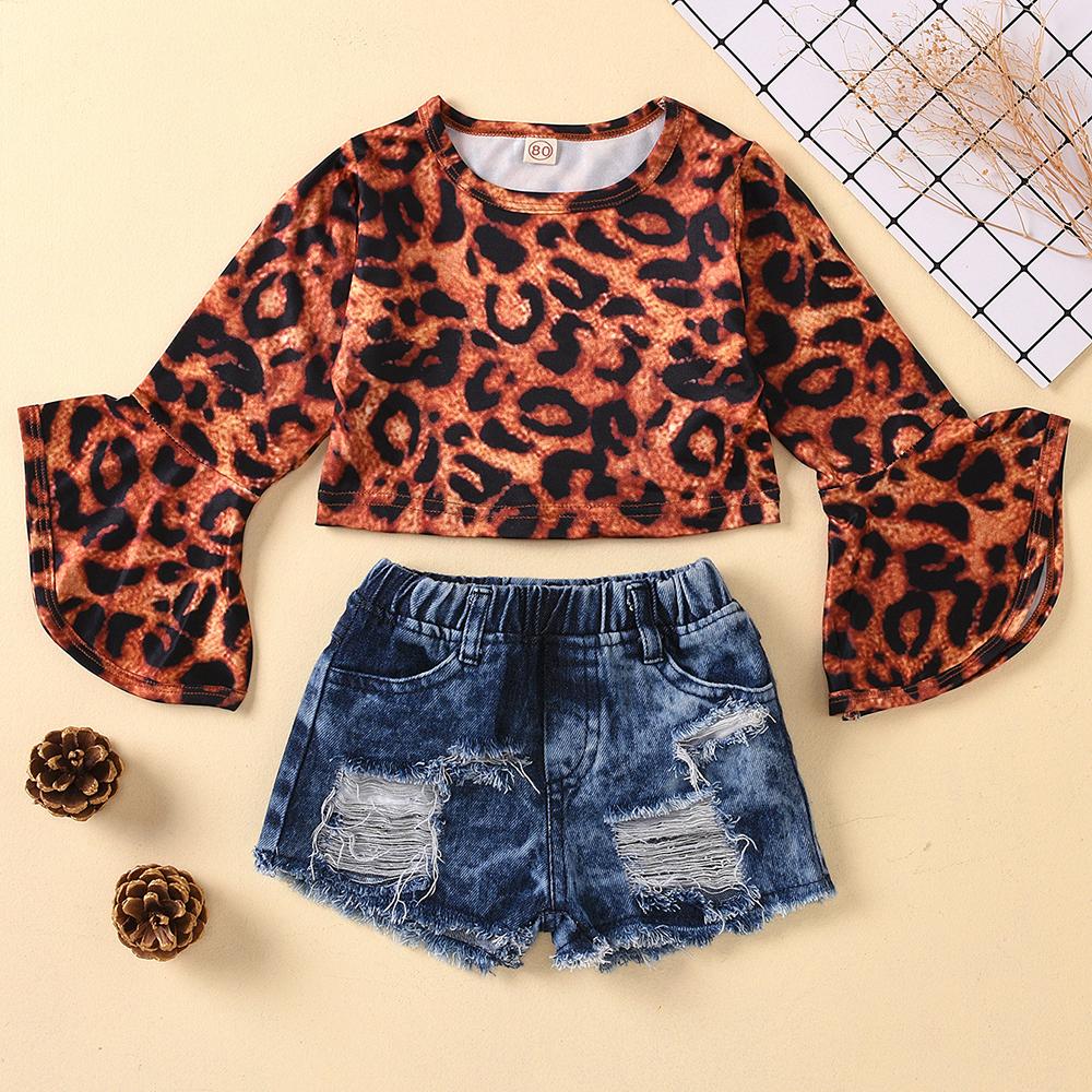 Girls Flared Sleeve Leopard Tops & Ripped Shorts Girls Clothing Wholesale - PrettyKid