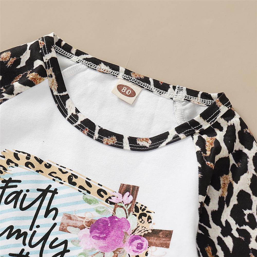 Girls Flared Sleeve Letter Leopard Printed Tops & Trousers - PrettyKid