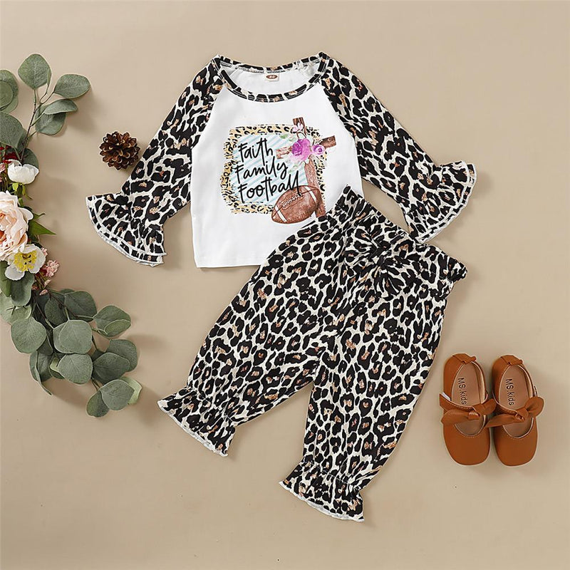 Girls Flared Sleeve Letter Leopard Printed Tops & Trousers - PrettyKid