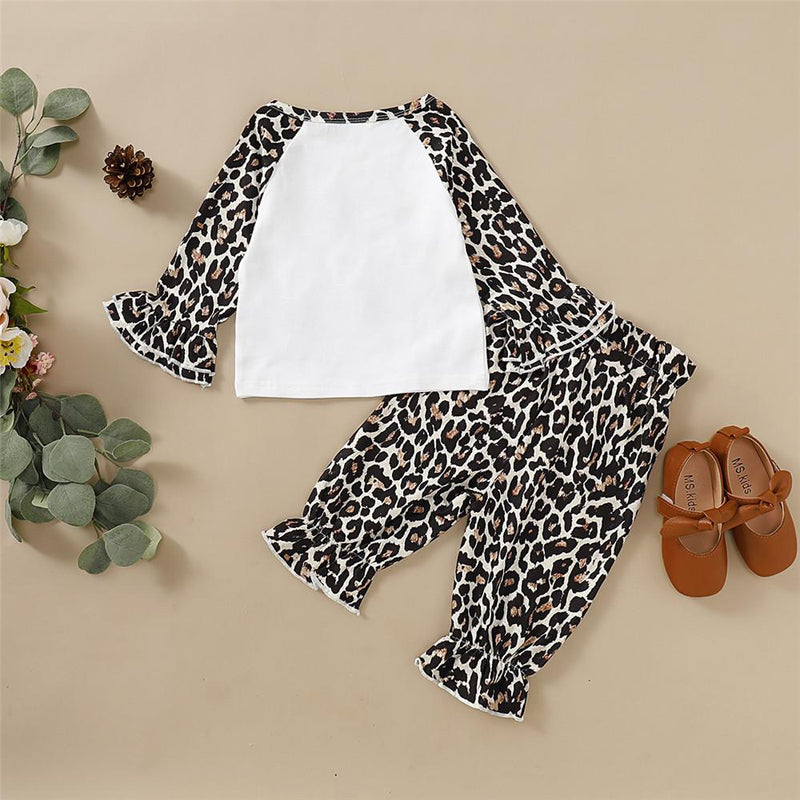 Girls Flared Sleeve Letter Leopard Printed Tops & Trousers - PrettyKid