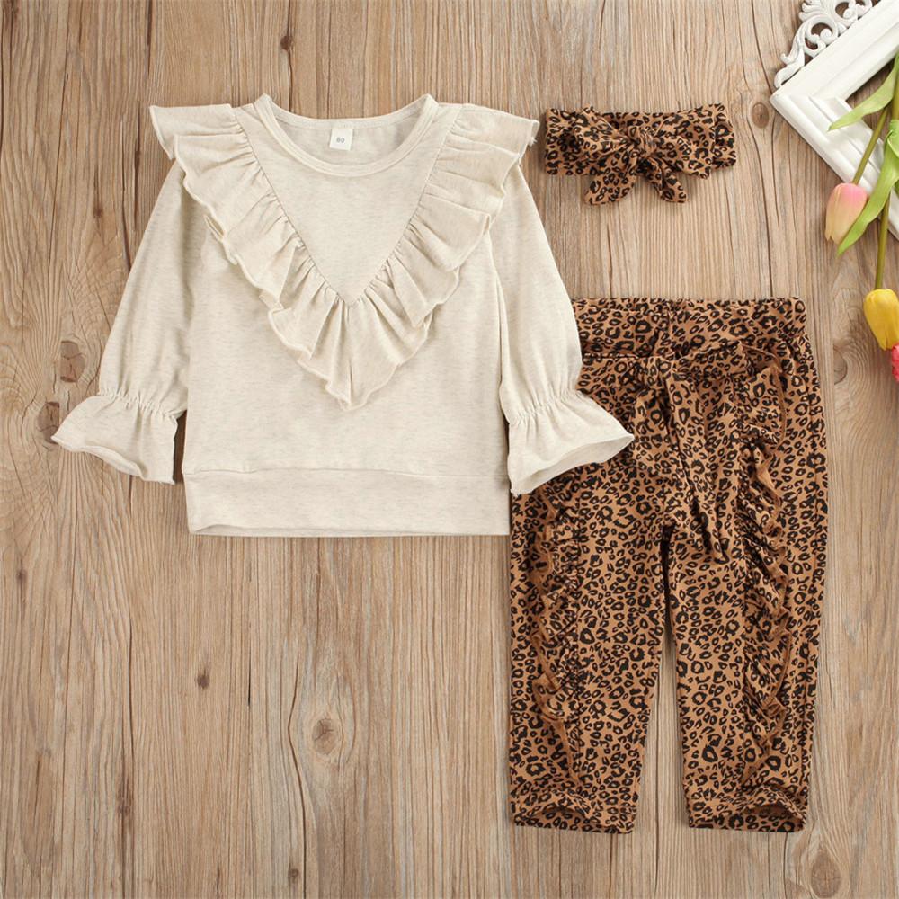 Girls Flared Sleeve Solid T-shirts & Leopard Trousers & Headband - PrettyKid
