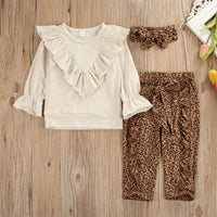 Girls Flared Sleeve Solid T-shirts & Leopard Trousers & Headband - PrettyKid