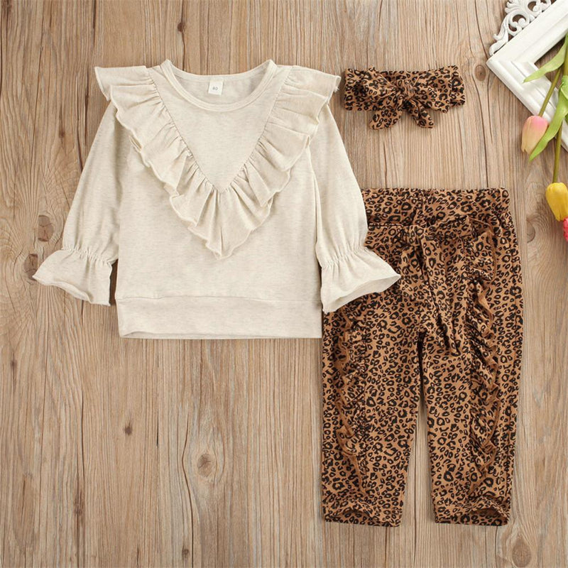 Girls Flared Sleeve Solid T-shirts & Leopard Trousers & Headband - PrettyKid
