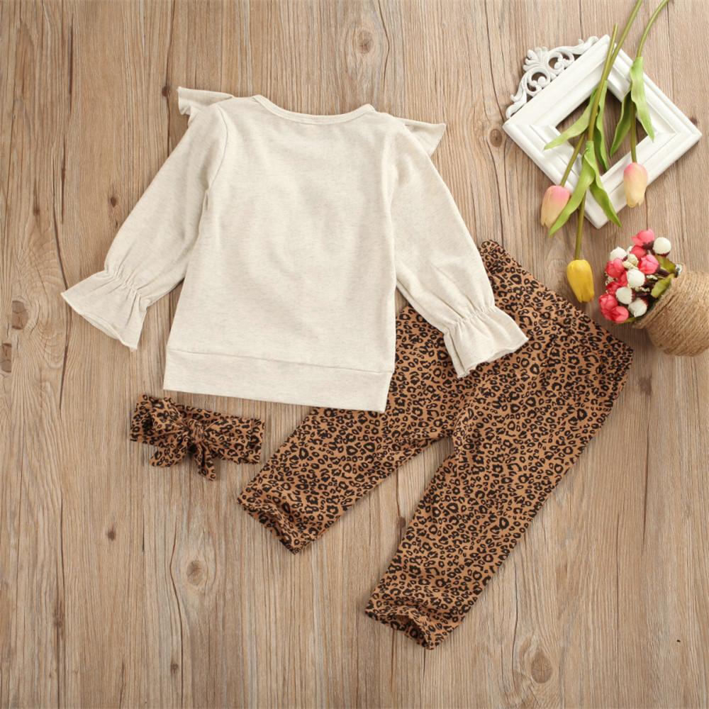 Girls Flared Sleeve Solid T-shirts & Leopard Trousers & Headband - PrettyKid