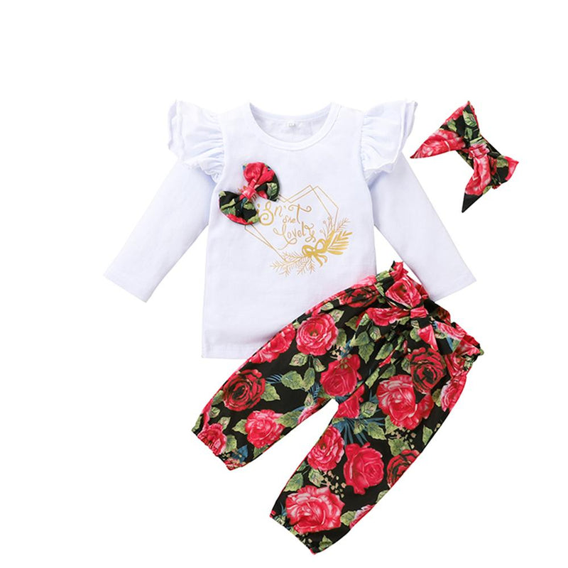 Baby Girl Floral Bow Letter Printed Long Sleeve Top & Pants Wholesalebaby - PrettyKid