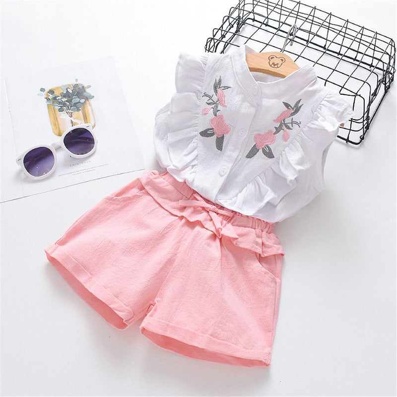 Girls Floral Embroidery Ruffled Sleeveless Top & Shorts Toddler Girls Wholesale - PrettyKid
