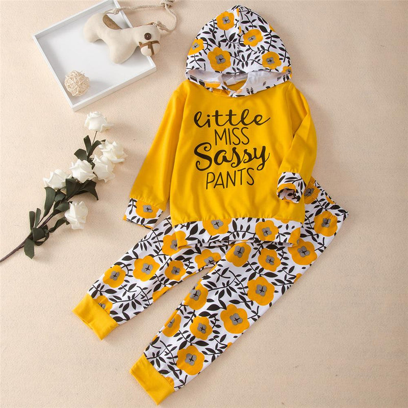 Girls Floral Hooded Letter Printed Top & Pants Kids Wholesale Clothing - PrettyKid