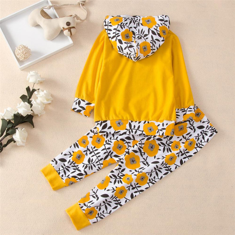 Girls Floral Hooded Letter Printed Top & Pants Kids Wholesale Clothing - PrettyKid