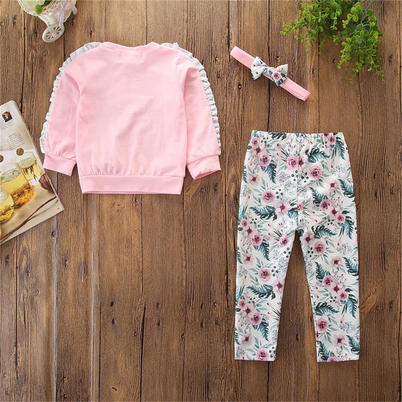 Girls Floral Letter Printed Bow Decor Tops & Pants & Headband Wholesale - PrettyKid