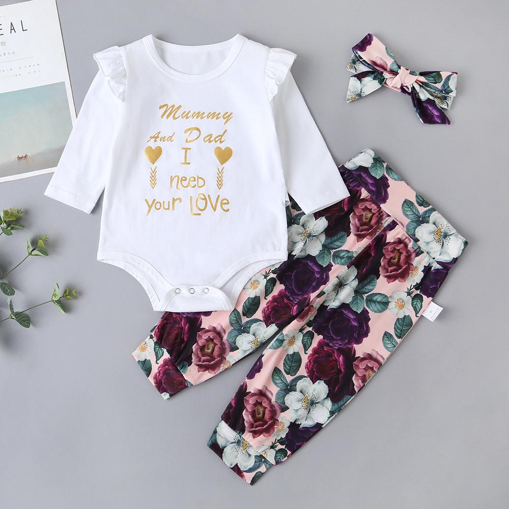 Baby Girls Floral Letter Printed Long Sleeve Romper & Pants - PrettyKid