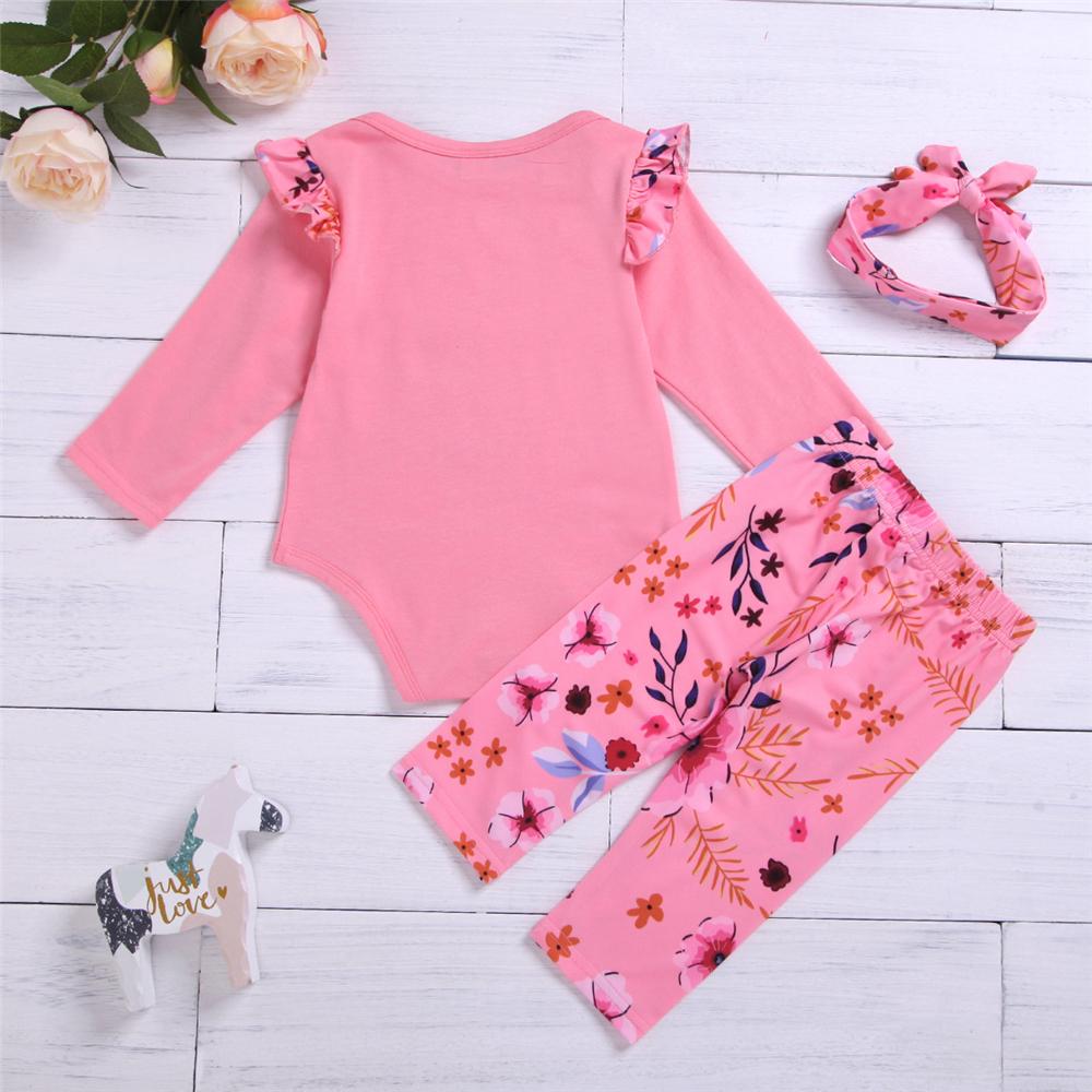 Baby Girls Floral Letter Printed Romper & Pants & Headband Baby Outfits - PrettyKid
