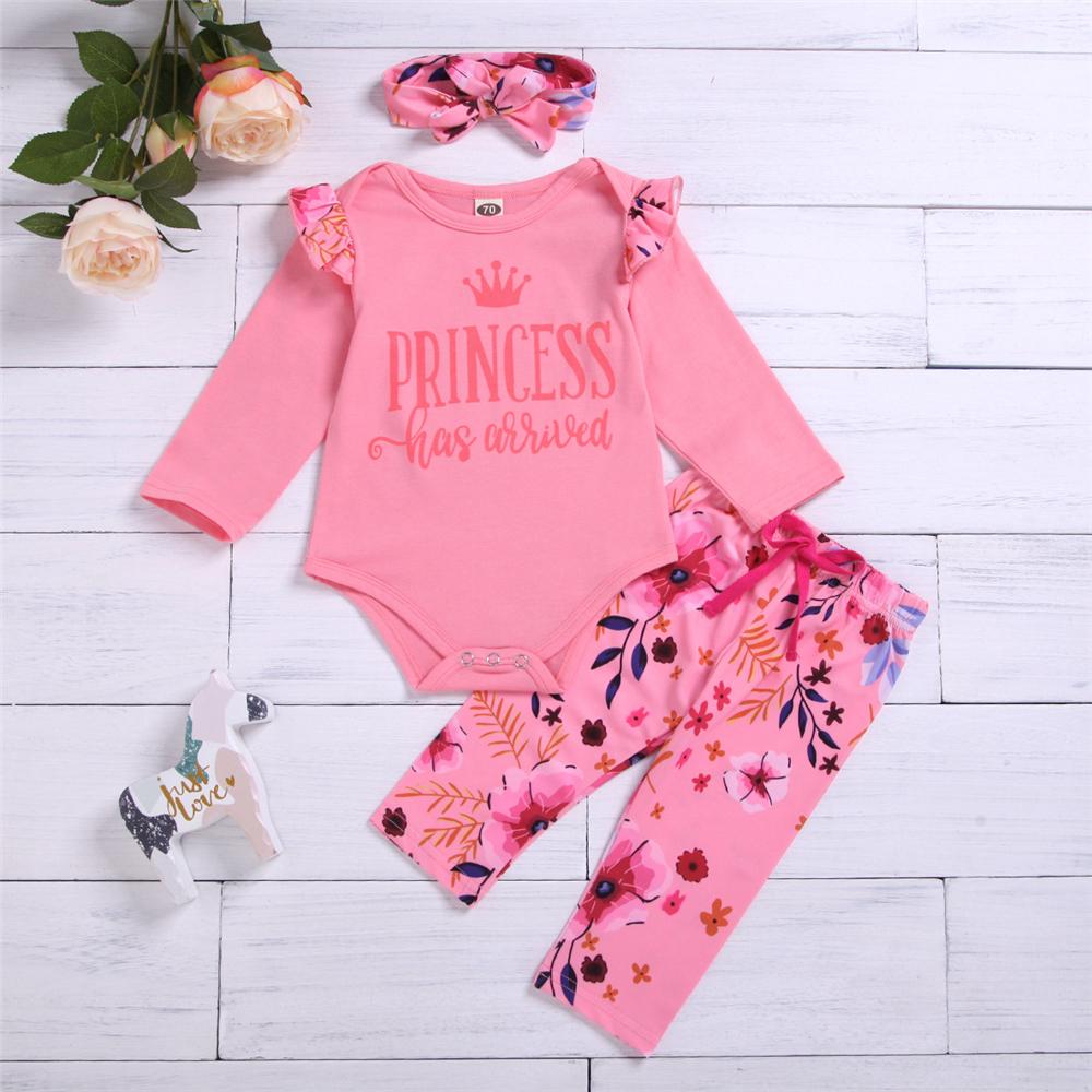 Baby Girls Floral Letter Printed Romper & Pants & Headband Baby Outfits - PrettyKid