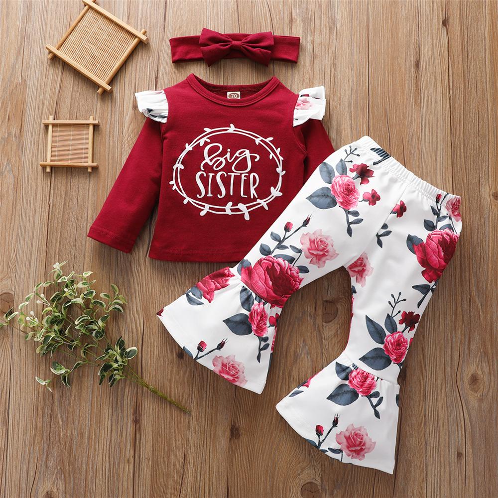 Baby Girls Floral Letter Printed Top & Bell Bottoms & Headband Baby Wholesale - PrettyKid