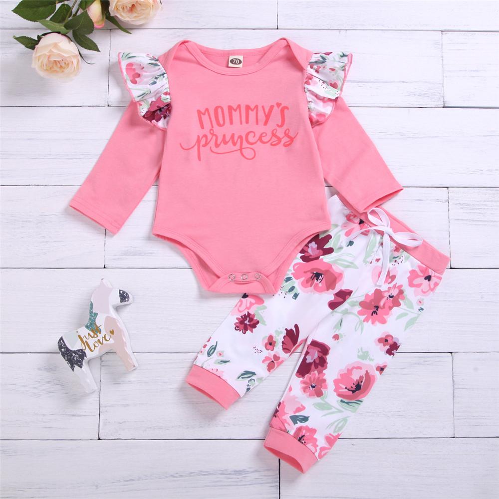 Baby Girls Floral Letter Romper & Pants & Headband Baby Outfits - PrettyKid