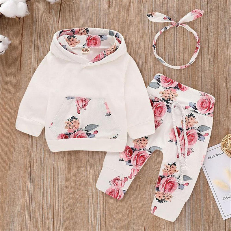 Baby Floral Long Sleeve Hooded Pullover & Pants & Headband - PrettyKid