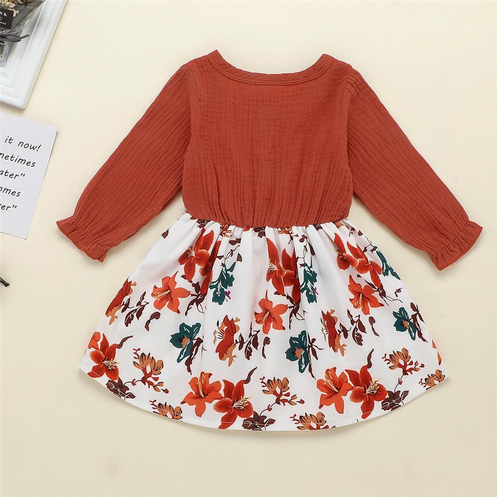 Girls Floral Long Sleeve Solid Sweet Dress - PrettyKid