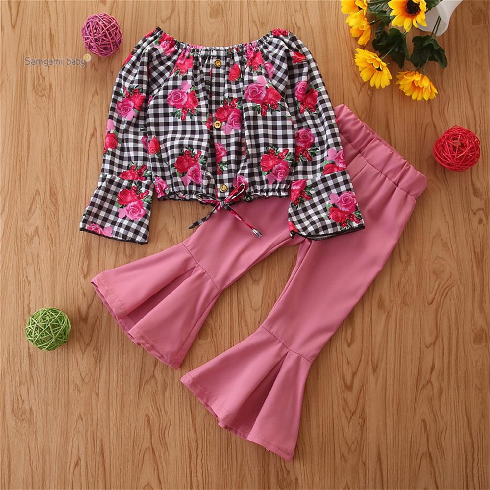 Toddler Girls Floral Plaid Top & Flared Trousers Wholesale Girl Clothing - PrettyKid