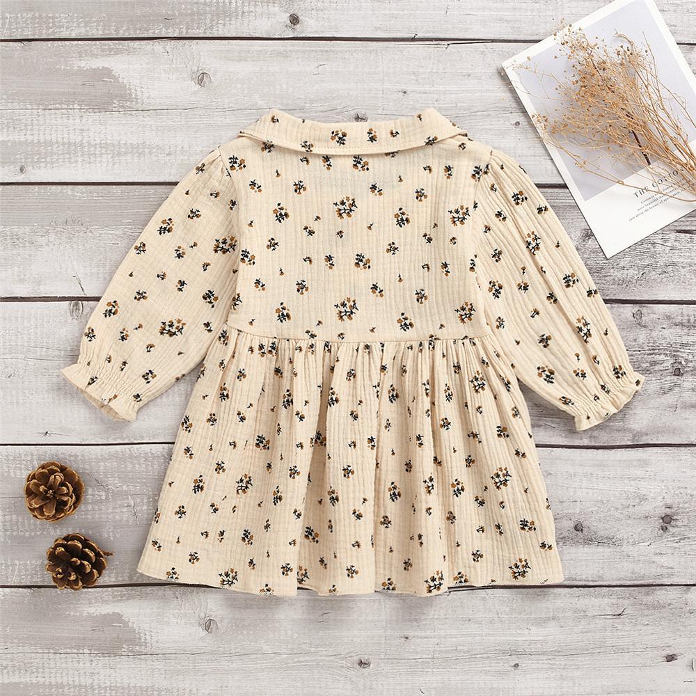 Girls Floral Pleated Lapel Long Sleeve Princess Dress - PrettyKid