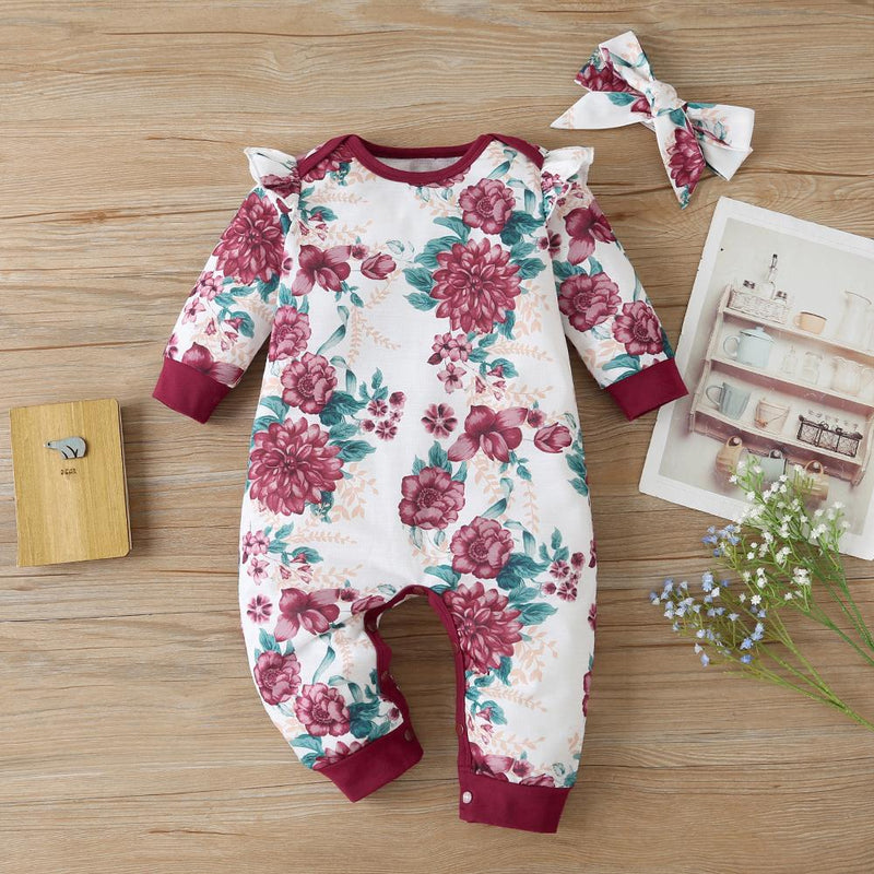 Baby Girl Floral Print Long Sleeve Romper & Headband Baby Wholesale Suppliers - PrettyKid