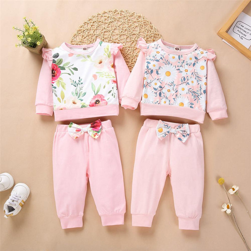 Baby Girls Floral Print Long Sleeve Top & Bow Pants Babywear Wholesale - PrettyKid