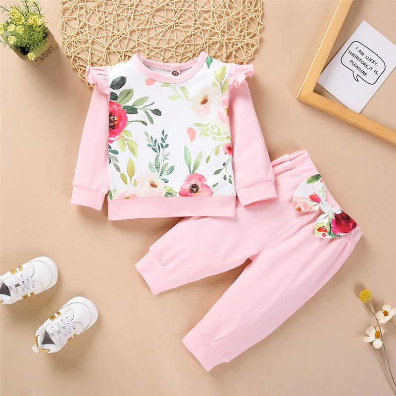 Baby Girls Floral Print Long Sleeve Top & Bow Pants Babywear Wholesale - PrettyKid