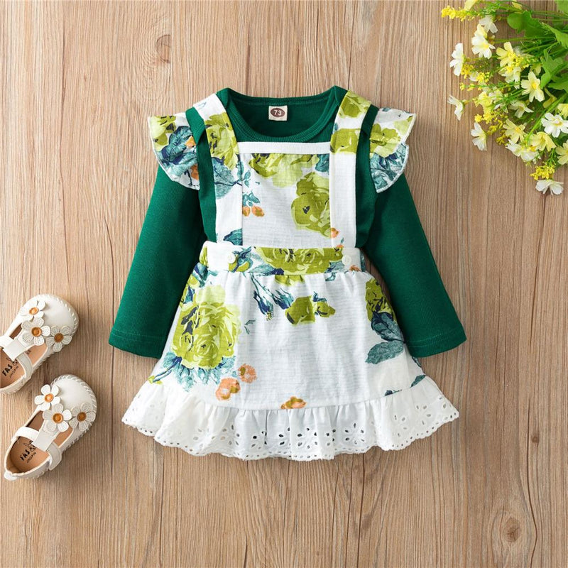 Baby Girls Floral Print Romper & Suspender Skirt Cheap Boutique Baby Clothing - PrettyKid