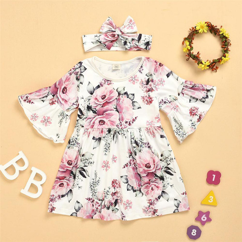 Girls Floral Printed Flared Sleeve Princess Dress & Headband - PrettyKid