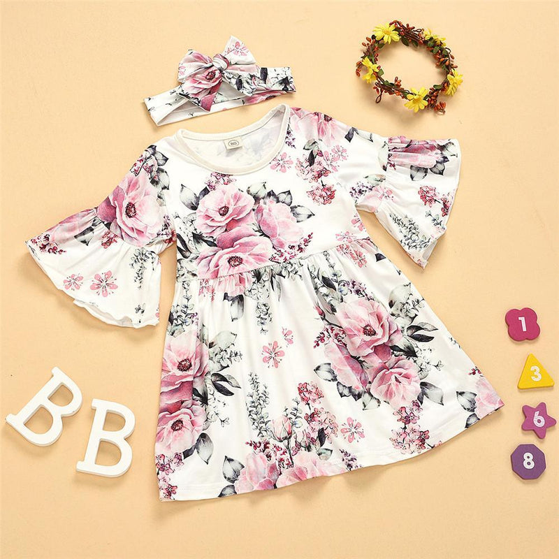 Girls Floral Printed Flared Sleeve Princess Dress & Headband - PrettyKid