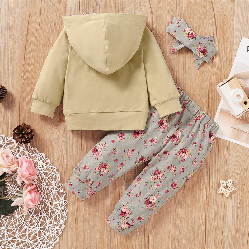 Baby Girls Floral Printed Hooded Long-Sleeve Top & Pants & Headband Baby Wholesale - PrettyKid