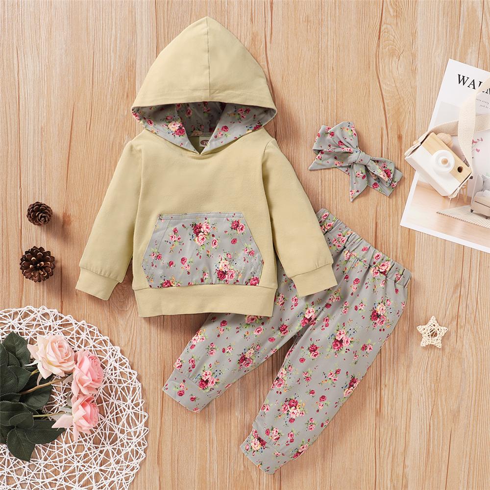 Baby Girls Floral Printed Hooded Long-Sleeve Top & Pants & Headband Baby Wholesale - PrettyKid
