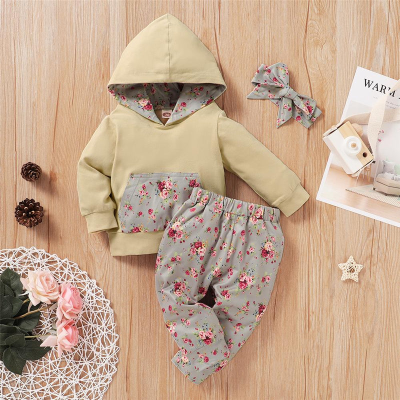 Baby Girls Floral Printed Hooded Long-Sleeve Top & Pants & Headband Baby Wholesale - PrettyKid