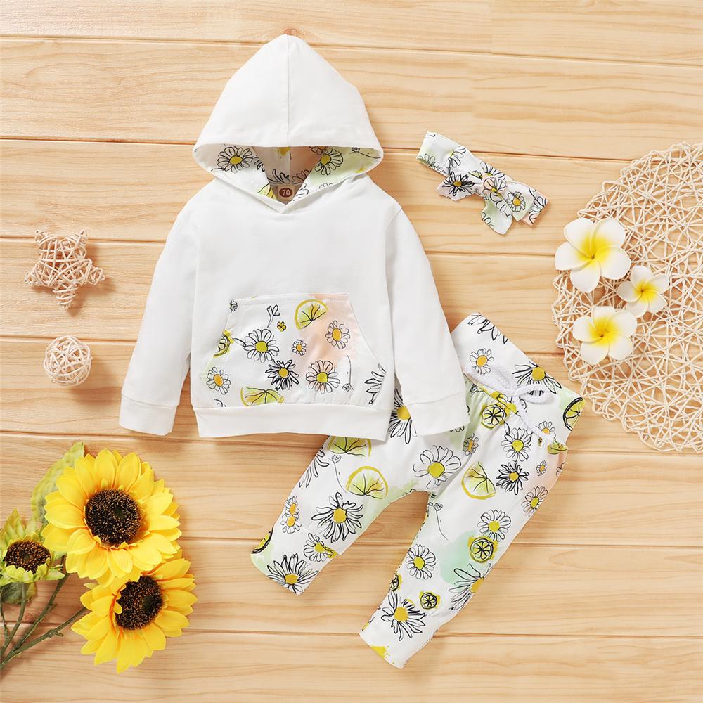 Baby Girls Floral Printed Hooded Long Sleeve Top & Pants & Headband Baby Boutique Wholesale - PrettyKid