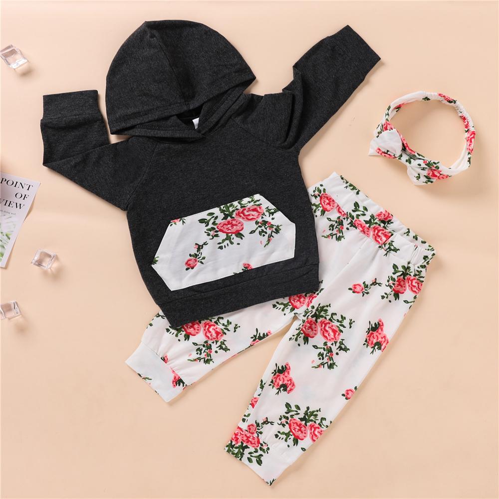 Baby Girls Floral Printed Hooded Top & Pants & Headband Baby Wholesale Clothing - PrettyKid