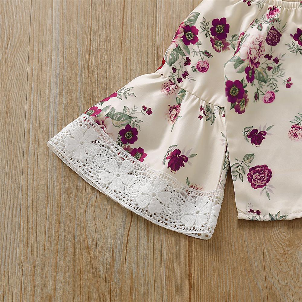 Girls Floral Printed Lace Flared Sleeve Tops & Ripped Pants - PrettyKid