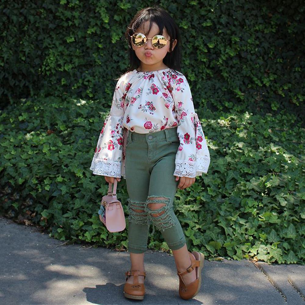 Girls Floral Printed Lace Flared Sleeve Tops & Ripped Pants - PrettyKid
