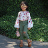 Girls Floral Printed Lace Flared Sleeve Tops & Ripped Pants - PrettyKid