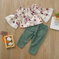 Girls Floral Printed Lace Flared Sleeve Tops & Ripped Pants - PrettyKid
