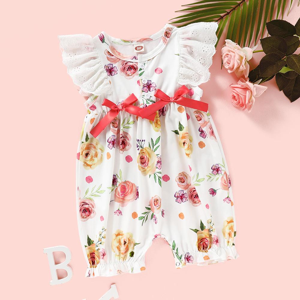 Baby Girls Floral Printed Lace Short Sleeve Bow Decor Romper Baby Wholesale - PrettyKid
