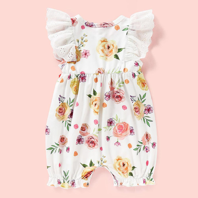 Baby Girls Floral Printed Lace Short Sleeve Bow Decor Romper Baby Wholesale - PrettyKid