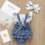 Baby Girls Floral Printed Lace Splicing Summer Romper & Headband Wholesale Baby Boutique Items in bulk - PrettyKid