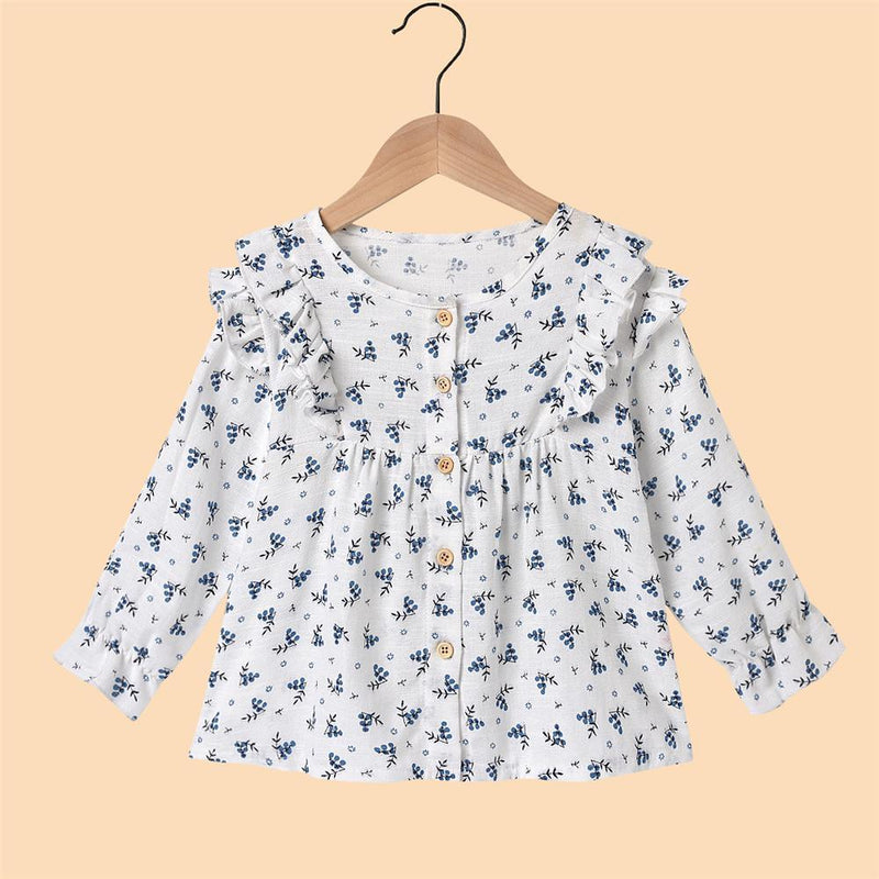 Girls Floral Printed Long Sleeve Button Ruffled Girl Boutique Clothing Wholesale - PrettyKid