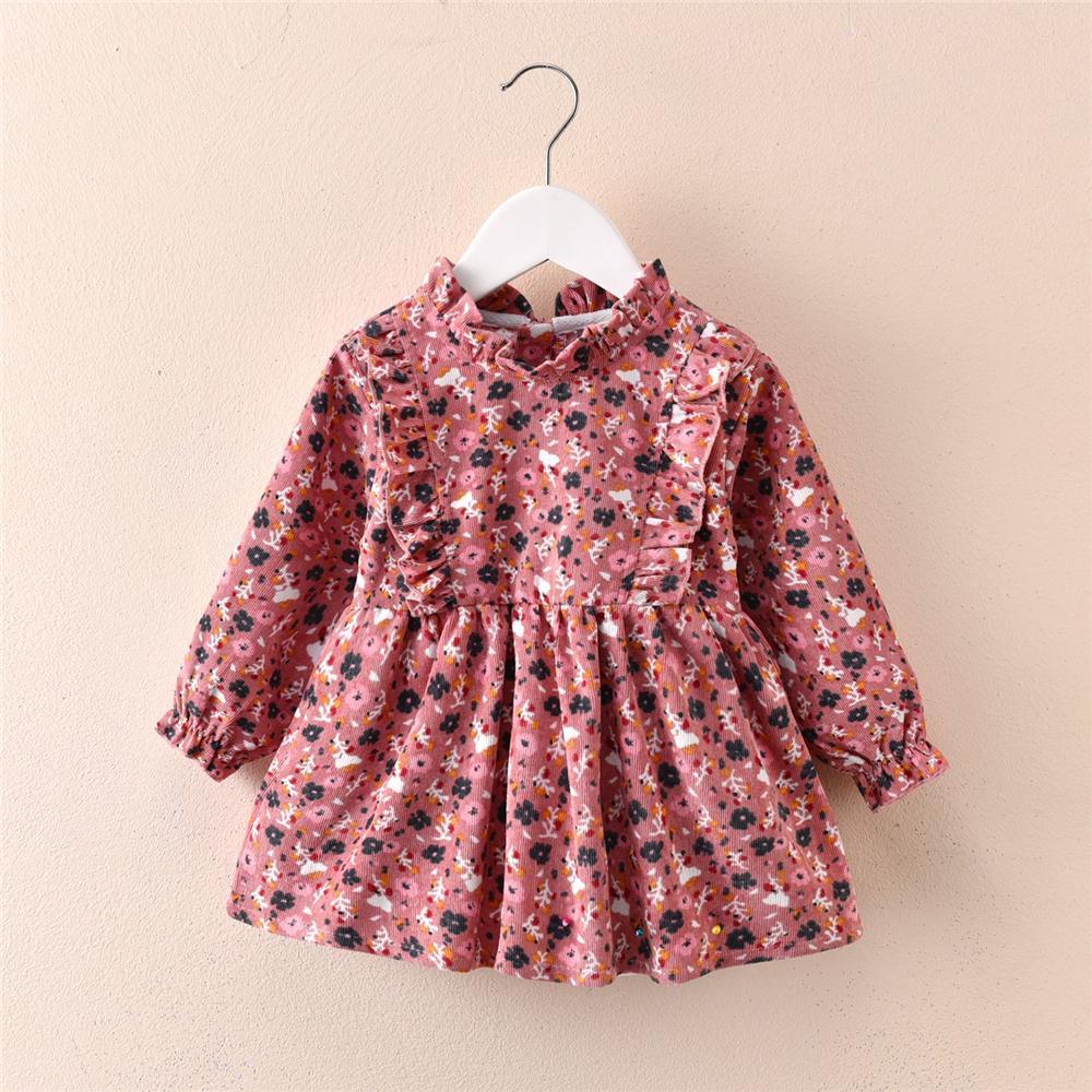 Toddler Girls Floral Printed Long Sleeve Corduroy Dress Girl Wholesale - PrettyKid