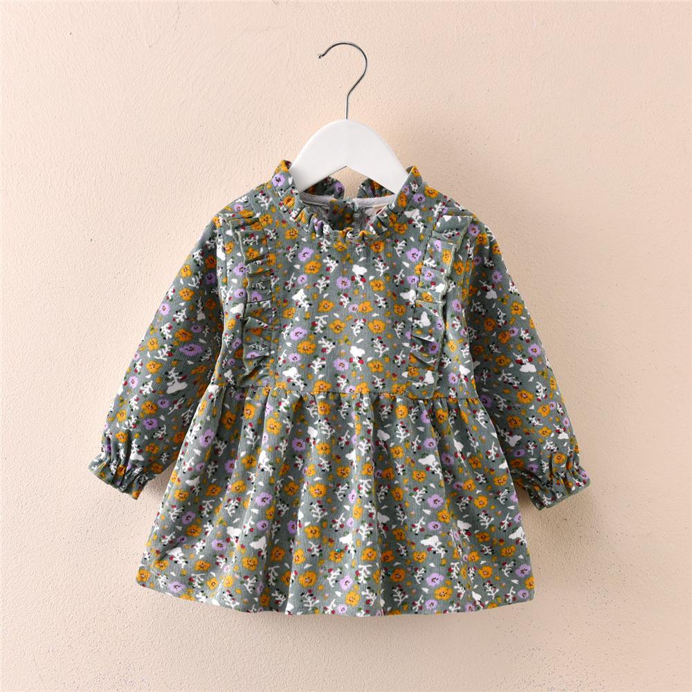 Toddler Girls Floral Printed Long Sleeve Corduroy Dress Girl Wholesale - PrettyKid