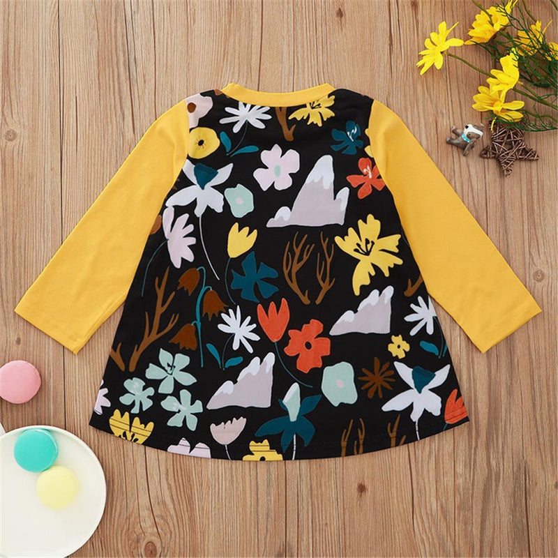 Girls Floral Printed Long Sleeve Crew Neck Dress Baby Girl Wholesale - PrettyKid