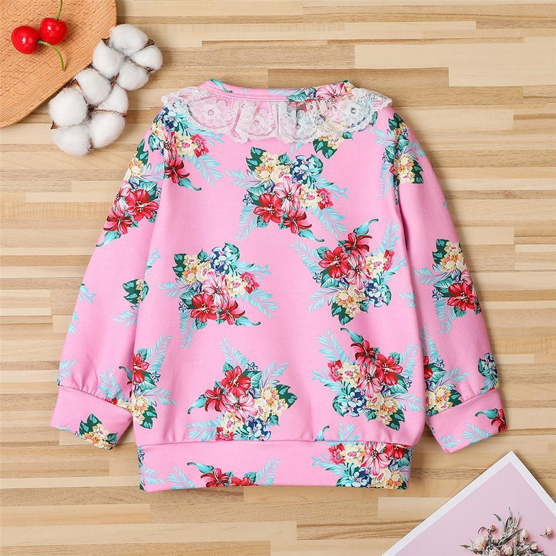 Girls Floral Printed Long Sleeve Lace Collar T-Shirts Bulk Childrens Clothes - PrettyKid