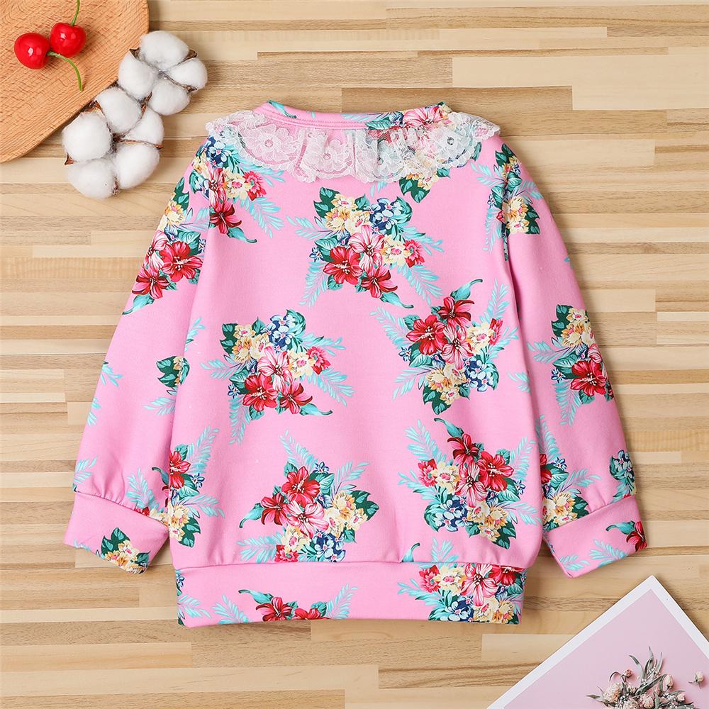 Girls Floral Printed Long Sleeve Lace Collar T-Shirts Bulk Childrens Clothes - PrettyKid