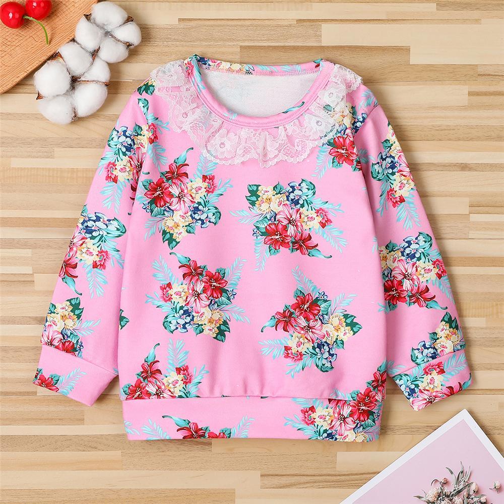 Girls Floral Printed Long Sleeve Lace Collar T-Shirts Bulk Childrens Clothes - PrettyKid