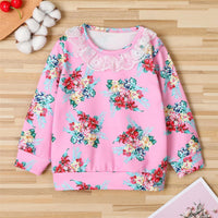 Girls Floral Printed Long Sleeve Lace Collar T-Shirts Bulk Childrens Clothes - PrettyKid